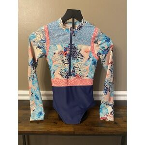 Athleta Girl Paradise Splash Swimsuit Long Sleeve One Piece Size 12 Large Zip